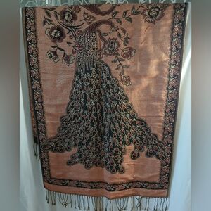 Elegant Peacock Design Scarf in Black and Tan